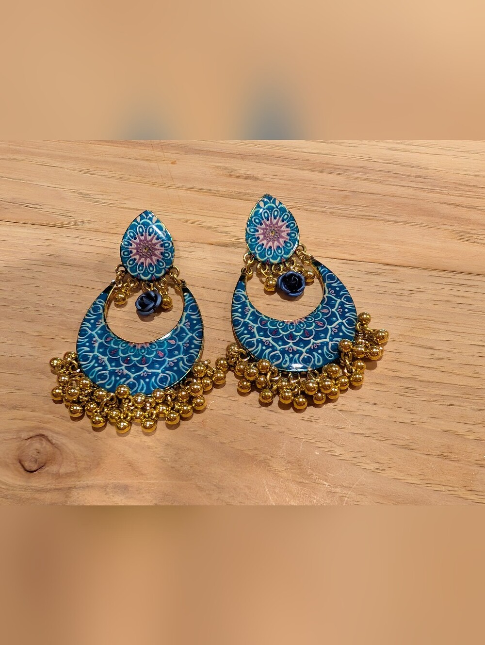 Source Unknown Blue and Gold Floral Teardrop Hoop Earrings